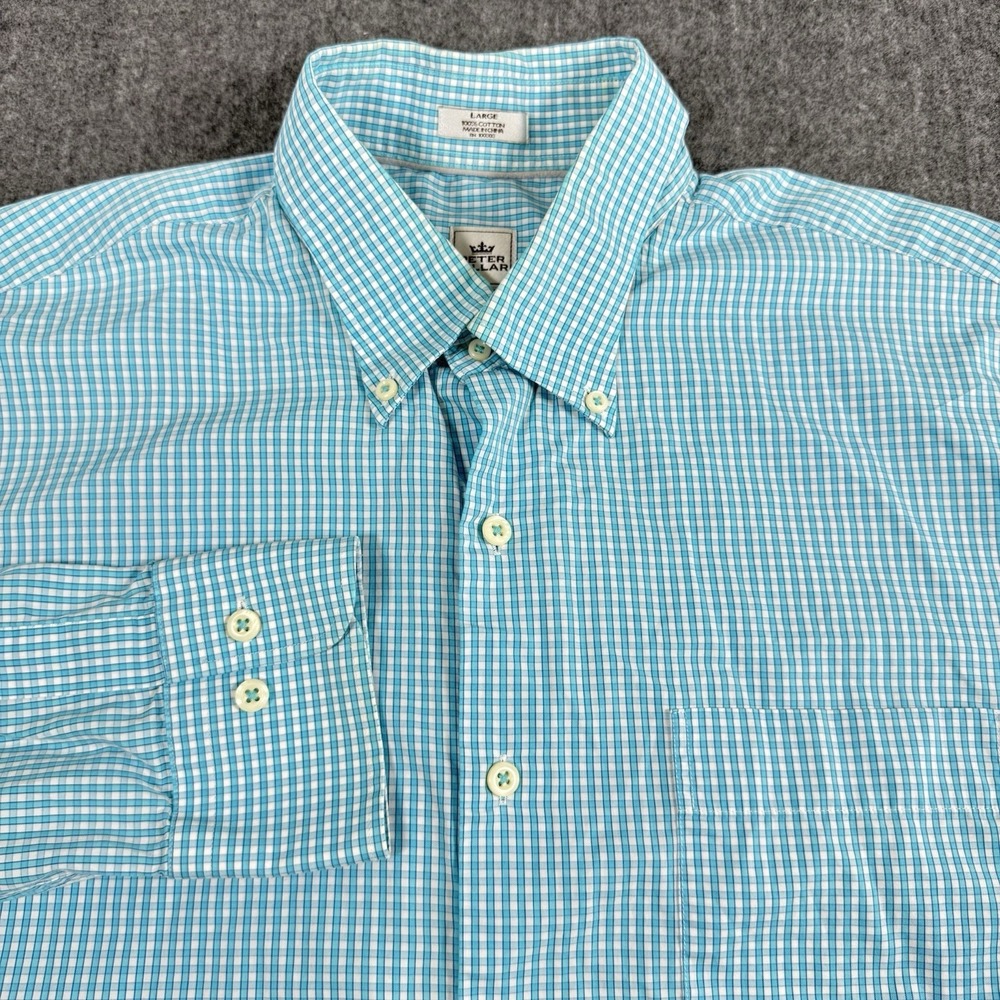 Peter Millar Men's L Seaside Finish Check Plaid Button Down Shirt Blue Cotton